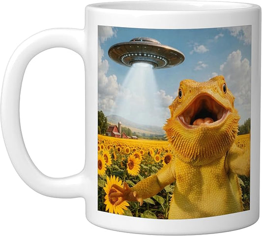 Funny Bearded Dragon Selfie with Alien UFO Ceramic Mug, White