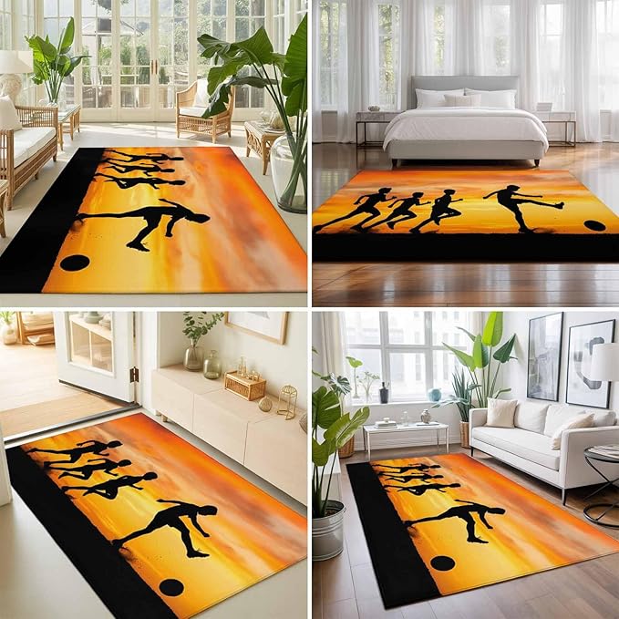 Area Rug 3x5ft, Football Sports Competition Washable Rugs for Living Room Bedroom, Sunset Background Soft Non-Slip Area Rugs Rectangle Floor Carpet for Dining Room