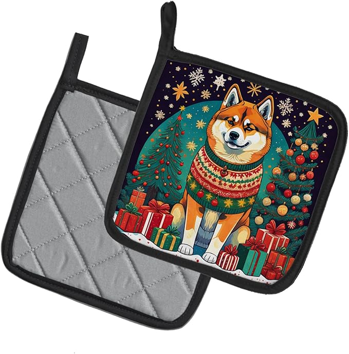 Caroline's Treasures Akita Christmas Pair of Pot Holders Kitchen Heat Resistant Pot Holders Sets Oven Hot Pads for Cooking Baking BBQ, 7 1/2 x 7 1/2