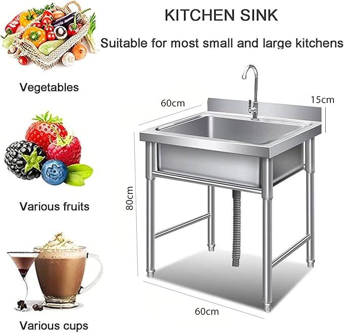 Commercial Stainless Steel Sink Catering Sink 1 Compartment Free Standing Utility Sink for Garage, Restaurant, Kitchen, Laundry Room, Outdoor, Silver, 60cm