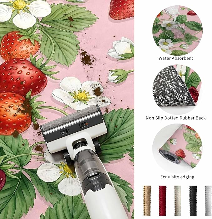 Area Rug 2x3ft, Summer Strawberry Bush on Pink Washable Rugs for Living Room Bedroom, Forest Green Foliage Soft Non-Slip Area Rugs Rectangle Floor Carpet for Dining Room