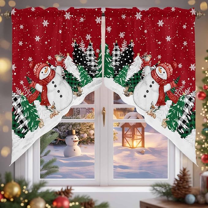 Christmas Snowman Swag Valance Curains Winter Xmas Tree Snowflakes Black Plaid Rod Pocket Kitchen Curtains Scalloped Window Treatment Valances Swag for Living Room Bedroom, 1 Pair, 28"W x 36"L