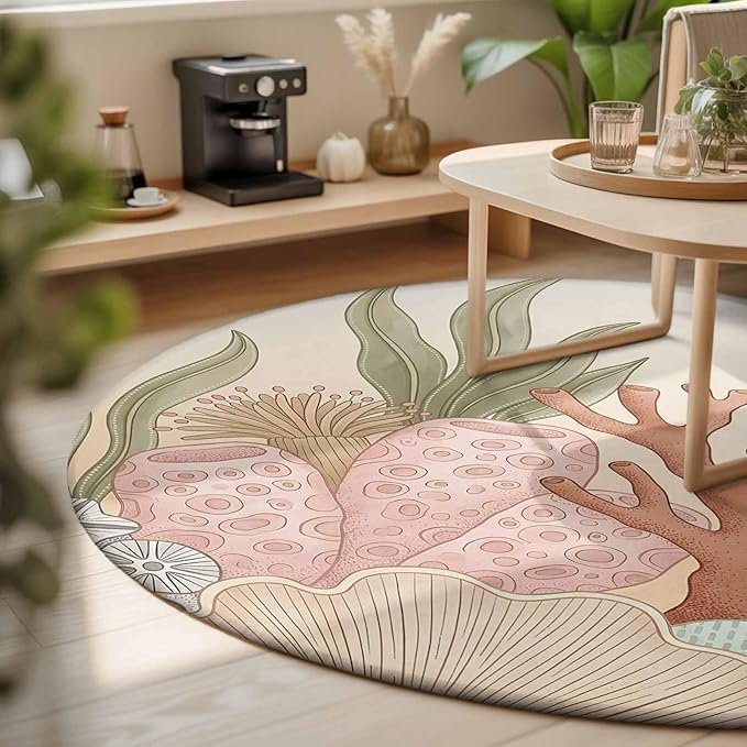 Washable Round Area Rug Ocean Coral Seaweed Shell Reef Circle Rugs Floor Carpet for Living Room Bedroom, Watercolor Marine Theme Soft Non Slip Round Rug 3ft