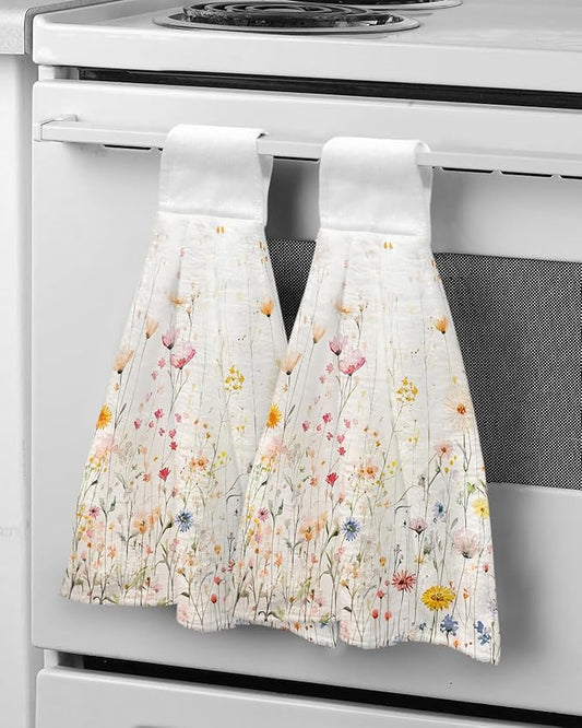 Alandar Home Kitchen Tie Towel Set of 2, Country Colorful Flower Leaves on Vintage Absorbent Soft Hand Towels for Bathroom Hanging Towels, Summer Floral Fast Drying Cleaning Cloth with Loop