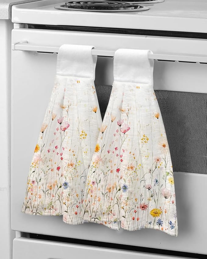Alandar Home Kitchen Tie Towel Set of 1, Country Colorful Flower Leaves on Vintage Absorbent Soft Hand Towels for Bathroom Hanging Towels, Summer Floral Fast Drying Cleaning Cloth with Loop