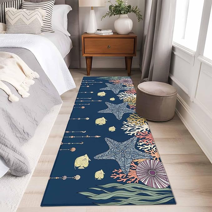 Runner Rug for Bedroom Hallway, Ocean Starfish Coral Fish Kitchen Runner Rugs Area Rug 2x6ft, Underwater Creature on Navy Blue Washable Soft Floor Carpet for Entryway Stair