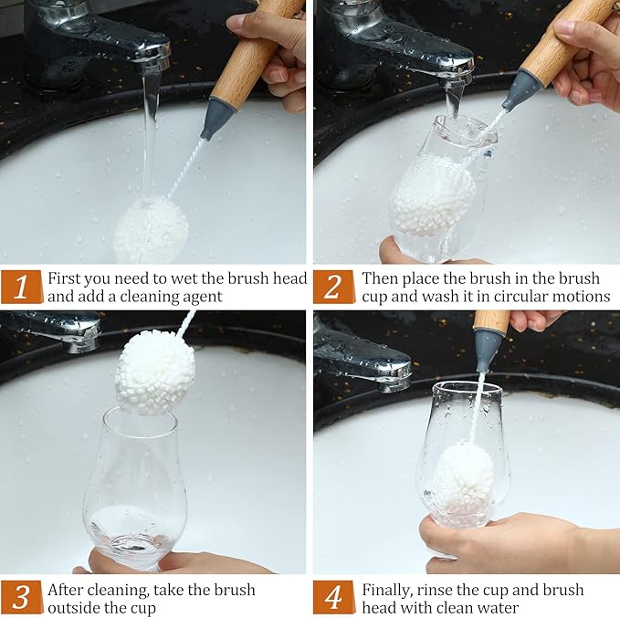 2 Pcs Wine Glass Cleaning Brush Flute and Stemware Brush Non Scratch Foam Bristle Scrubber with Wooden Handles Glass Scrubber for Champagne Flutes Glassware Drinking Cleaner Tool