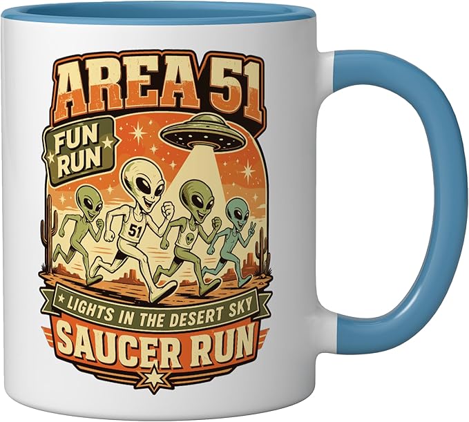 Area 51 Fun Run Saucer Run Alien Ceramic Mug, Blue/White