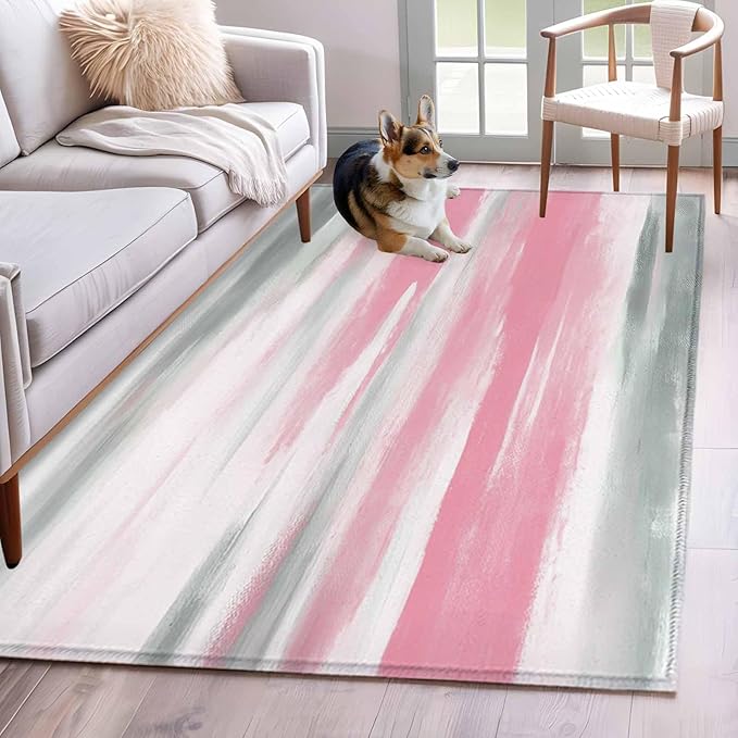 Area Rug 4x6ft, Pink Grey Mottled Texture Seamless Washable Rugs for Living Room Bedroom, Gradient Abstract Art Soft Non-Slip Area Rugs Rectangle Floor Carpet for Dining Room