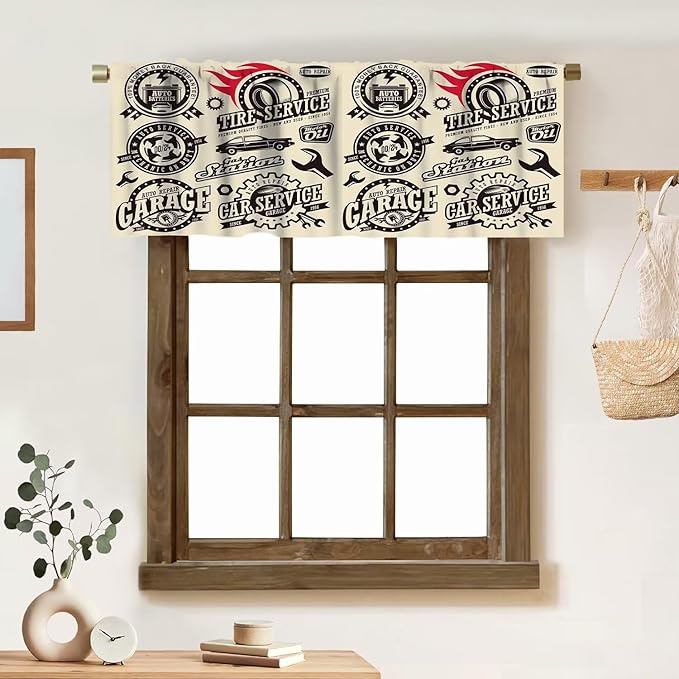 Retro Man Valances Curtains Car Repair Shop Logos Monochrome Car Silhouettes Best Garage, Windows Short Curtain Valance for Kitchen Bedroom Bathroom Decor with Rod Pocket, One Panel 54X18 Inches