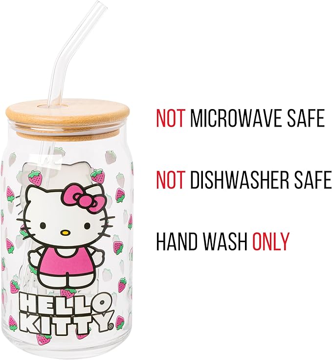 Silver Buffalo Sanrio Hello Kitty Strawberry Glass Jar Tumbler with Bamboo Lid and Glass Straw,16 Ounces,(Pack of 12)