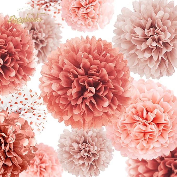 NICROLANDEE Rose Gold Wedding Decorations - 15 PCS Tissue Paper Pom Poms for Engagement Party Wedding Birthday Bridal Shower Bachelorette Dot Paper Garlands Rose Gold Valentines Party Backdrop Decor