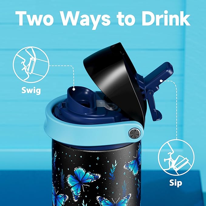 24 oz Insulated Water Bottle for Women: Meoky Glow in the Dark Water Bottle with 2-in-1 Straw and Spout Lid - Leak Proof, Cold for 24 Hours, Fits in Car Cup Holder, BPA-Free for Sports Travel, Moonlit