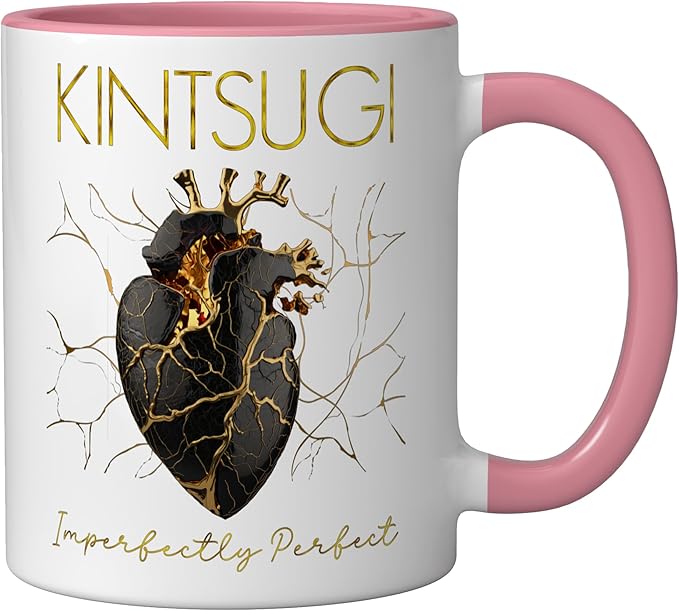 Kintsugi Pottery Golden Heart Japanese Art repair Pottery Ceramic Mug, Pink/White