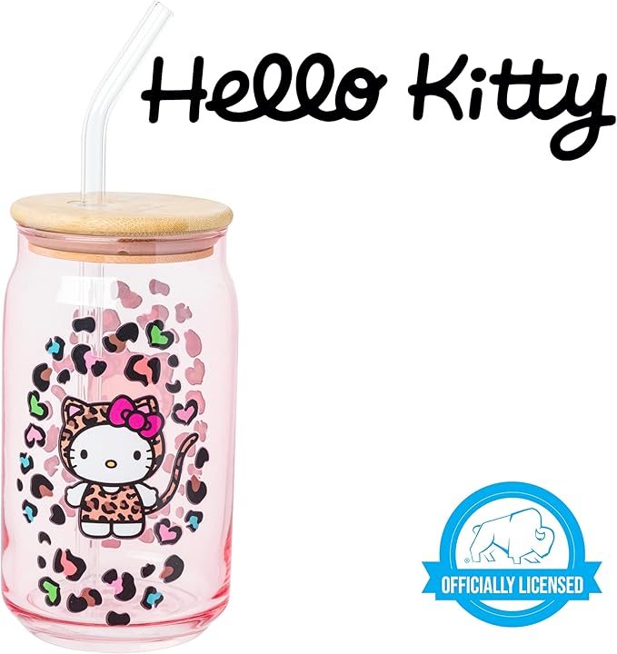 Silver Buffalo Sanrio Hello Kitty in Leopard Print Outfit and Leopard Cat Print Pattern Pink Glass Jar Tumbler with Bamboo Lid and Glass Straw, 16 Ounces
