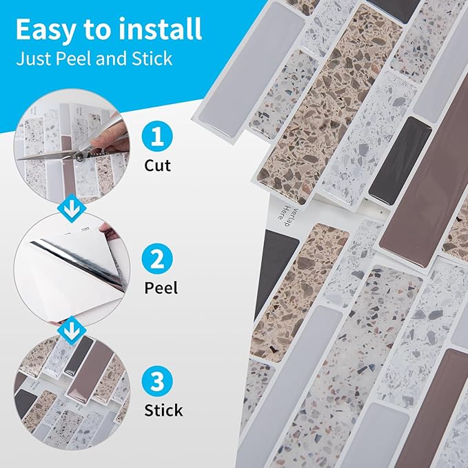 Art3d Backsplash Tile for Kitchen Peel and Stick, 10 Sheets Self-Adhesive Wall Tiles for Kitchen, Bathroom Back Splashes, 12"x12", Terrazzo