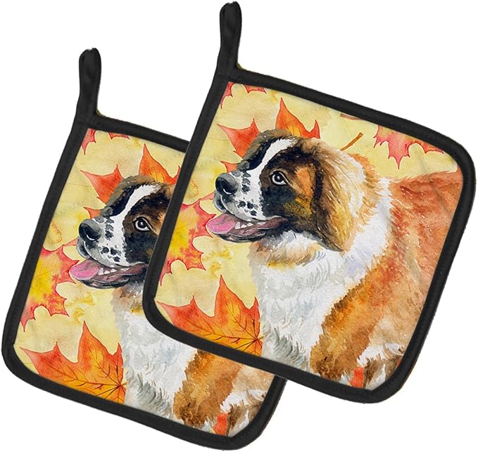 Caroline's Treasures BB9940PTHD Saint Bernard Fall Pair of Pot Holders, Yellow Kitchen Heat Resistant Pot Holders Sets Oven Hot Pads for Cooking Baking BBQ, 7 1/2 x 7 1/2