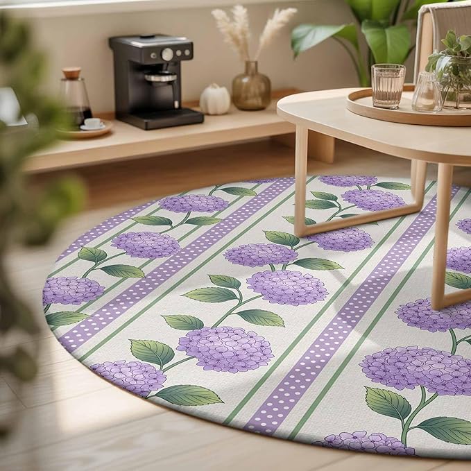 Washable Round Area Rug Watercolor Hydrangea Flower Circle Rugs Floor Carpet for Living Room Bedroom, Spring Floral Leaves on Linen Soft Non Slip Round Rug 3ft