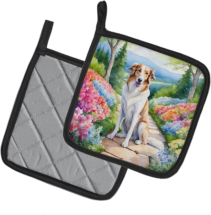 Caroline's Treasures Borzoi Spring Path Pair of Pot Holders Kitchen Heat Resistant Pot Holders Sets Oven Hot Pads for Cooking Baking BBQ, 7 1/2 x 7 1/2