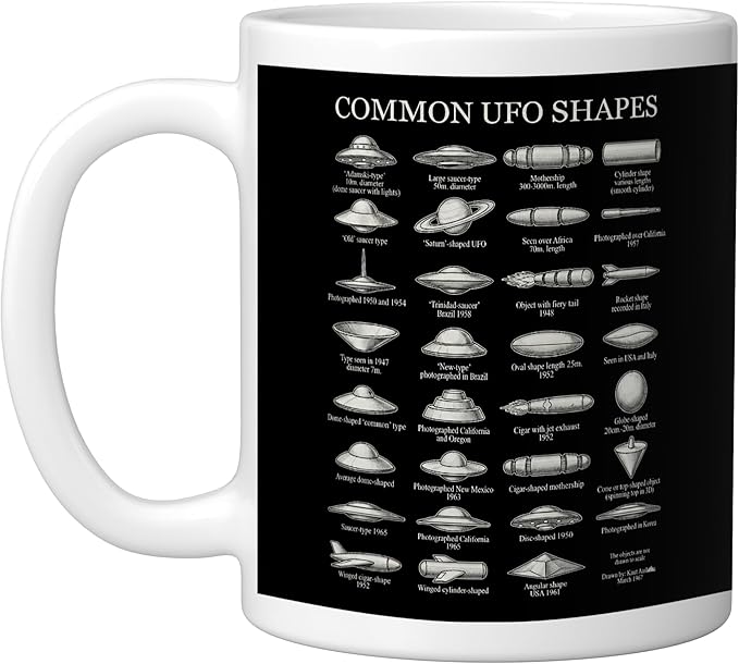 Common UFO Shapes Vintage Chart Alien Flying Saucer Ceramic Mug, White