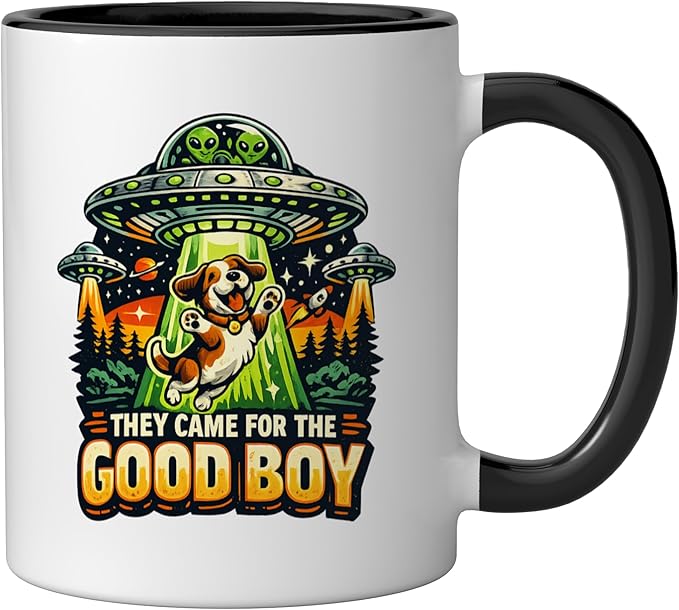 Retro sci-fi dog ufo humor they came for the good boy Ceramic Mug, Black/White