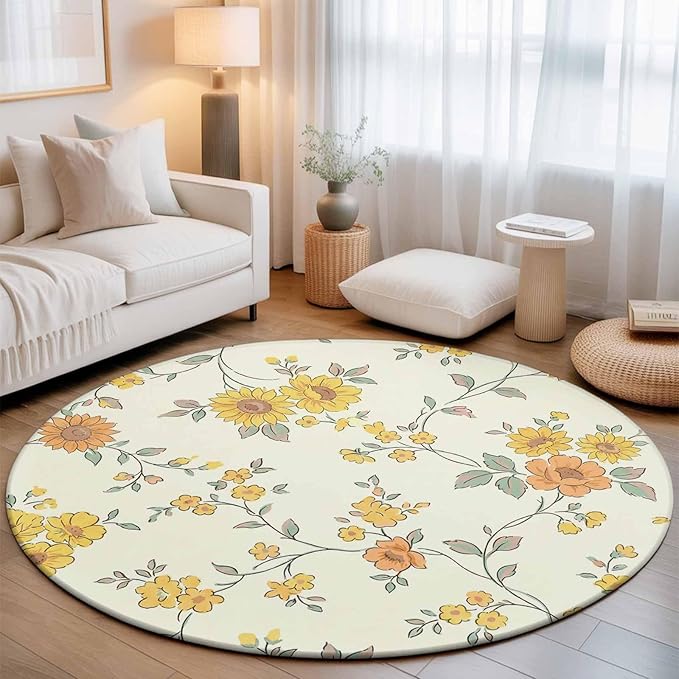 Washable Round Area Rug Orange Yellow Flowers Wild Vines Circle Rugs Floor Carpet for Living Room Bedroom, Watercolor Floral Soft Non Slip Round Rug 5ft