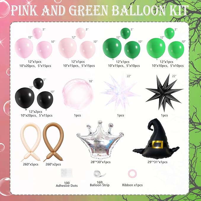 Pink and Green Balloon Arch Kit, 153Pcs Wick Party Decorations with Wick Balloons Arch and Foil Fringe Curtains for Princess Birthday Fairy Wonderlad Party Supplies