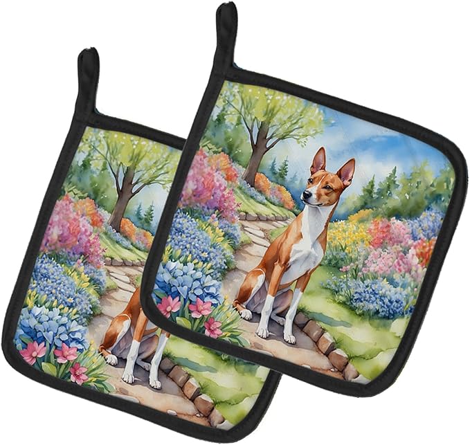 Caroline's Treasures Basenji Spring Garden Pair of Pot Holders Kitchen Heat Resistant Pot Holders Sets Oven Hot Pads for Cooking Baking BBQ, 7 1/2 x 7 1/2