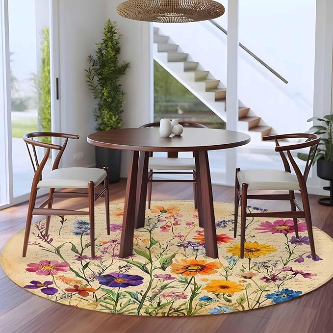 Washable Round Area Rug Farmhouse Colorful Small Flower Circle Rugs Floor Carpet for Living Room Bedroom, Retro Backdrop Seamless Soft Non Slip Round Rug 5ft