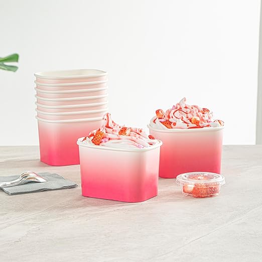 Restaurantware Paper Cups 50 Count 12 Ounce Square Disposable Ice Cream Containers, Leak-Resistant Paper Dessert To Go Cups, Hot And Cold Food, Durable Pink And White Ombre Design