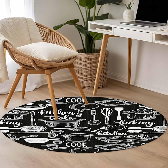 Black Kitchen Tools 3ft Round Rug, Modern Cooking Utensil Non-Skid Rubber Backing Large Area Rugs - Living Room Bedroom Home Office, Farmhouse Cookware Indoor Floor Mat Carpets Washable Rug