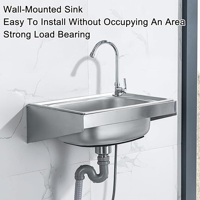 Wall Mounted Commercial Restaurant Sink, Utility Laundry Portable Handwashing Station, Stainless Steel Space Saver Hand Wash Sink with Faucet and Drain, Suitable for,42x37cm-Single cold water f