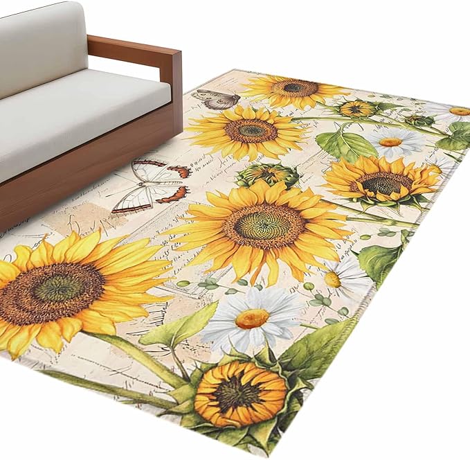 Sunflower Farmhouse 3x5 Area Rugs, Retro Floral Butterflies Non-Skid Rubber Backing Large Rectangle Rugs - Living Room Bedroom Home Office, Spring Summer Indoor Floor Mat Carpets Washable Rug