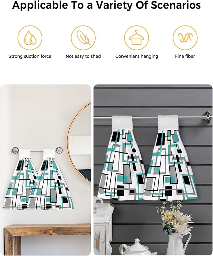 Alandar Home Kitchen Tie Towel Set of 2, Teal Abstract Geometric Retro Mid Century Absorbent Soft Hand Towels for Bathroom Hanging Towels, Nordic Style Fast Drying Cleaning Cloth with Loop