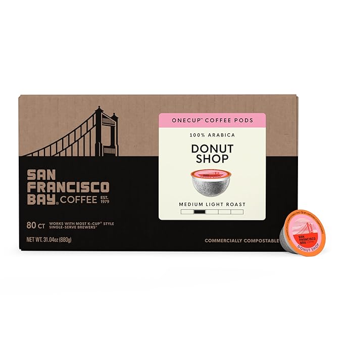 San Francisco Bay K-Cup Coffee Pods, Donut Shop (80 ct), Medium-Light Roast, Commercially Compostable Single-Serve Coffee Pods