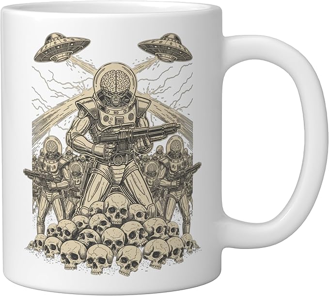 Alien Brain Soldier Retro Sci Fi Saucer Art Ceramic Mug, White
