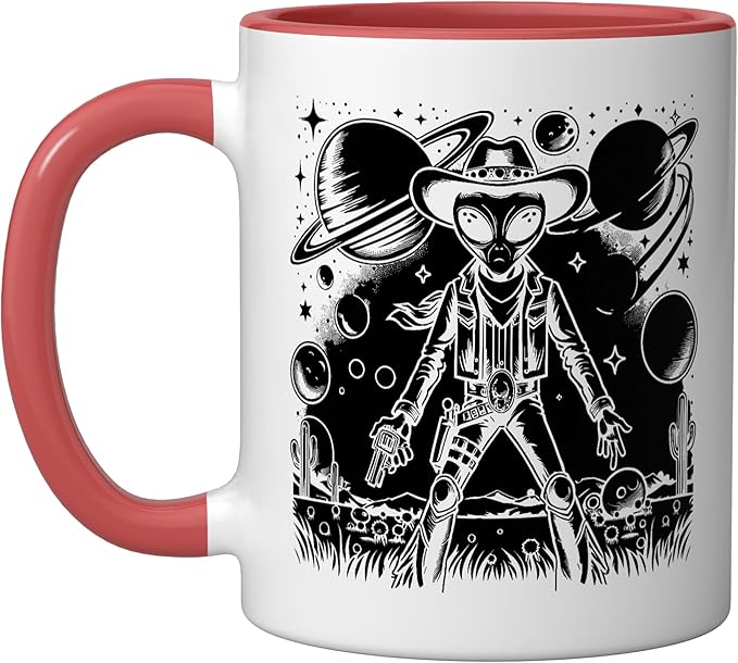 Alien Lover Flying Saucer UFO Extraterrestrial Cowboy Ceramic Mug, Red/White