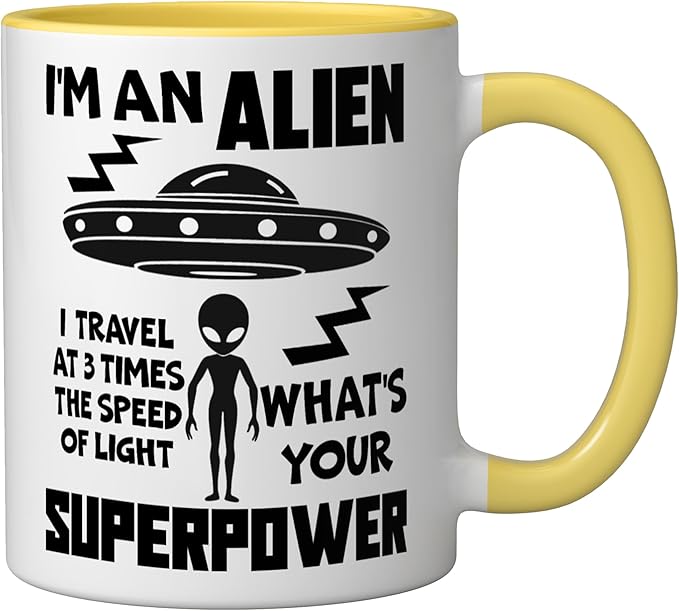 I'm An Alien Silhouette First Contact Space Apparel Ceramic Mug, Yellow/White
