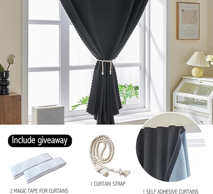 AJAZZ self Adhesive Portable 100% Blackout Curtains Simple and Easy to installBedroom Window Thermal Lnsulated Kitchen Room Darkening Black Small Drapes 1-Pack