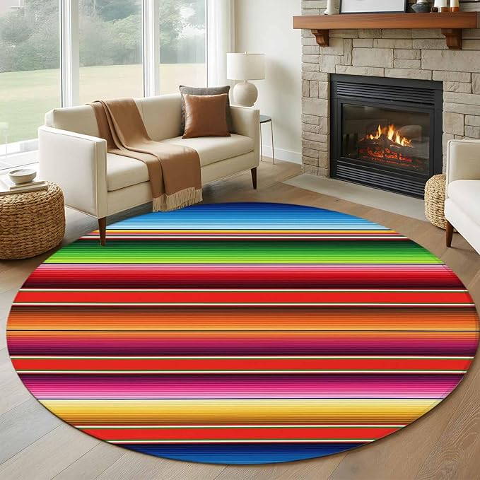Washable Round Area Rug Mexican Stripes Vintage Ethnic Circle Rugs Floor Carpet for Living Room Bedroom, Native American Stripe Soft Non Slip Round Rug 5ft