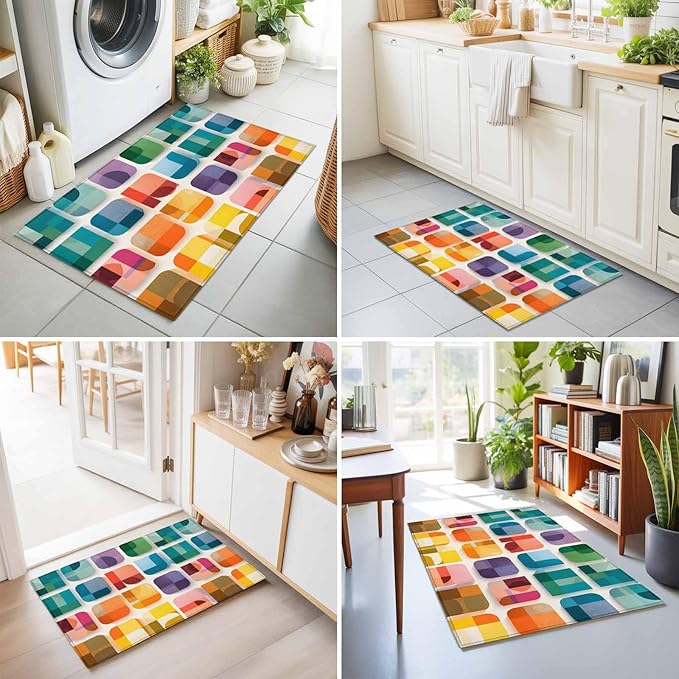 Area Rug 2x3ft, Modern Geometric Squares Washable Rugs for Living Room Bedroom, Colorful Abstract Art Soft Non-Slip Area Rugs Rectangle Floor Carpet for Dining Room