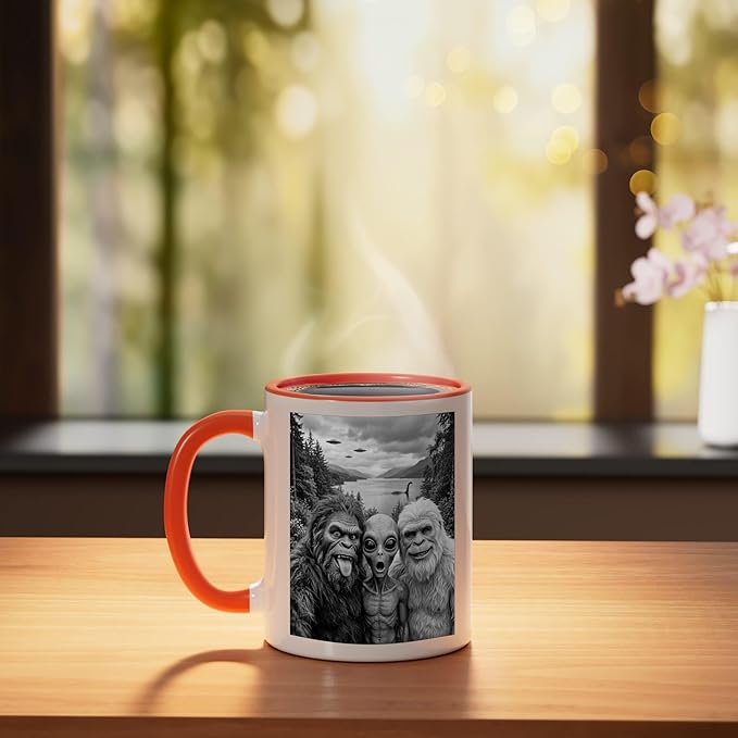 Bigfoot Alien Loch Ness Monster UFO Selfie Funny Cryptid Art Ceramic Mug, Orange/White