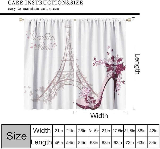 High Heel Shoe Curtains, Girls Lady Floral Eiffel Tower Cloth Farbic Window Treatment Curtains Bedroom Dining Room Living Room Office Kitchen Cafe Drapes, 84x84 in