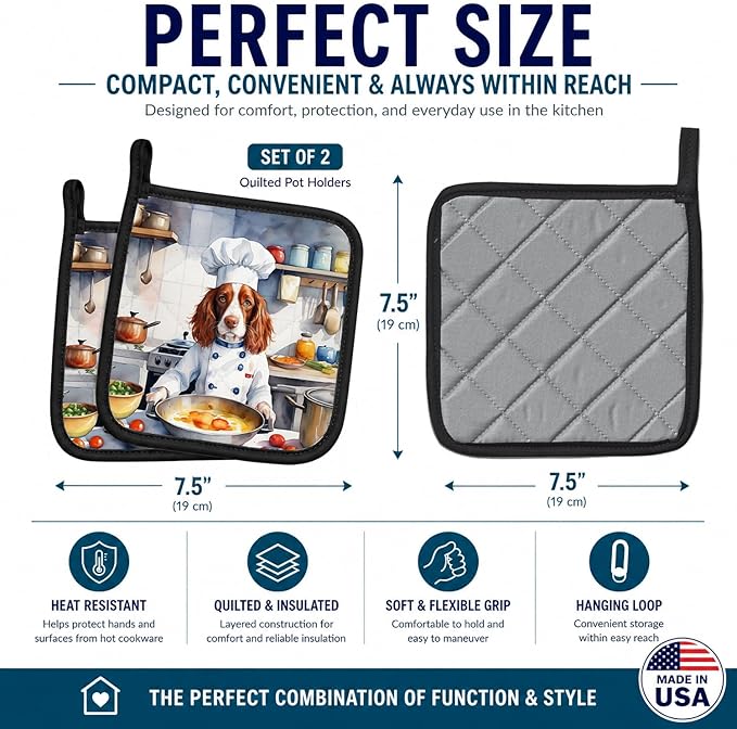 Caroline's Treasures Welsh Springer Spaniel The Chef Pair of Pot Holders Kitchen Heat Resistant Pot Holders Sets Oven Hot Pads for Cooking Baking BBQ, 7 1/2 x 7 1/2