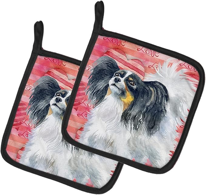 Caroline's Treasures BB9744PTHD Papillon Love Pair of Pot Holders, Red Kitchen Heat Resistant Pot Holders Sets Oven Hot Pads for Cooking Baking BBQ, 7 1/2 x 7 1/2