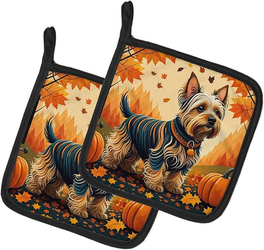 Caroline's Treasures DAC1075PTHD Silky Terrier Fall Pair of Pot Holders Kitchen Heat Resistant Pot Holders Sets Oven Hot Pads for Cooking Baking BBQ, 7 1/2 x 7 1/2
