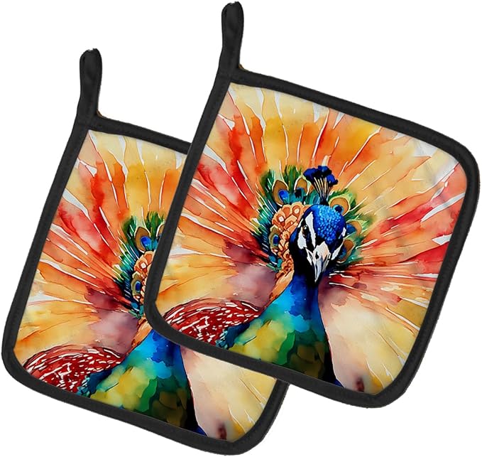 Caroline's Treasures Peacock Pair of Pot Holders Kitchen Heat Resistant Pot Holders Sets Oven Hot Pads for Cooking Baking BBQ, 7 1/2 x 7 1/2