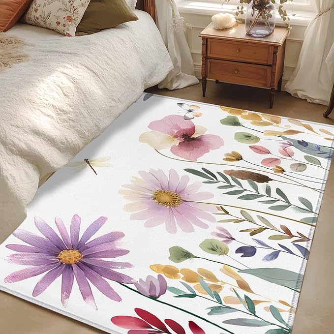 Area Rug 4x6ft, Country Field Purple Flowers Washable Rugs for Living Room Bedroom, Farm Floral Art Soft Non-Slip Area Rugs Rectangle Floor Carpet for Dining Room