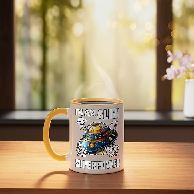 I'm An Alien I Travel Speed Of Light Space Apparel Ceramic Mug, Yellow/White