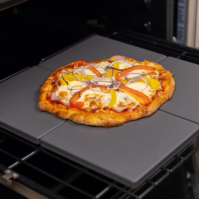 Old Stone 4-Piece Glazed Cordierite Pizza Stone Set, Four 7.5 inch Stones Form 15 x15 inch Baking Surface, Durable, Heat-Resistant for Oven & Grill